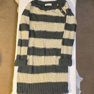 Pink Rose Sweater Dress - Green and Cream Stripes